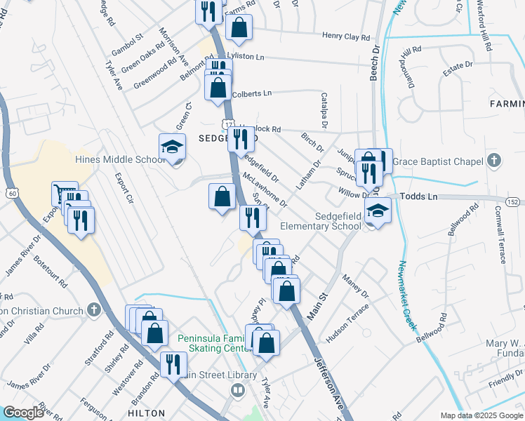 map of restaurants, bars, coffee shops, grocery stores, and more near 628 Sun Court in Newport News