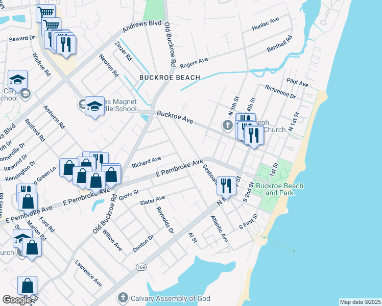 map of restaurants, bars, coffee shops, grocery stores, and more near 455 Seaboard Avenue in Hampton