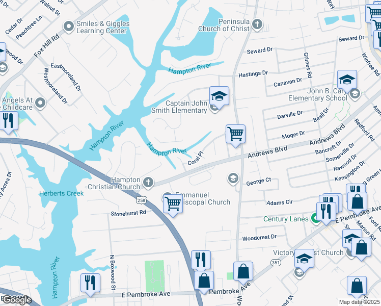 map of restaurants, bars, coffee shops, grocery stores, and more near 305 North Starfish Court in Hampton