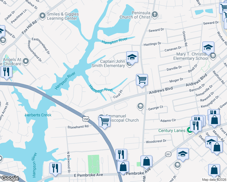 map of restaurants, bars, coffee shops, grocery stores, and more near 305 North Starfish Court in Hampton