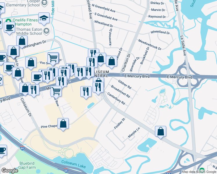 map of restaurants, bars, coffee shops, grocery stores, and more near 6 Windsor Drive in Hampton