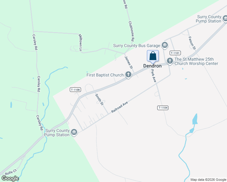 map of restaurants, bars, coffee shops, grocery stores, and more near 2412 Rolfe Highway in Dendron