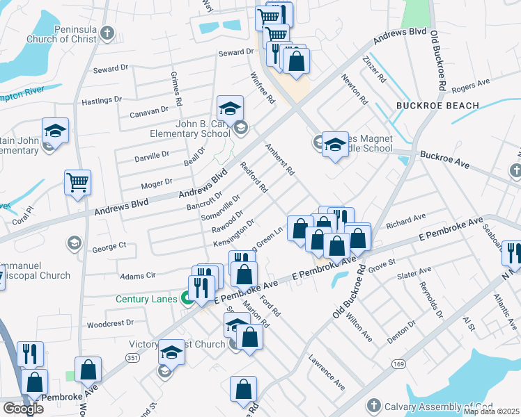 map of restaurants, bars, coffee shops, grocery stores, and more near 1937 Kensington Drive in Hampton