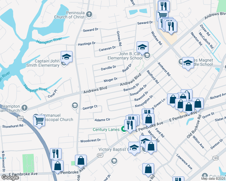 map of restaurants, bars, coffee shops, grocery stores, and more near 1823 Bancroft Drive in Hampton