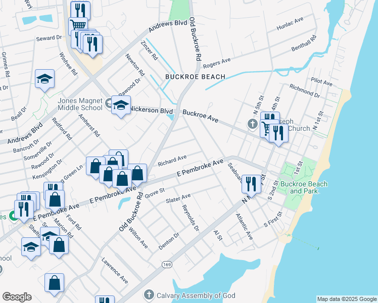 map of restaurants, bars, coffee shops, grocery stores, and more near 2045 Richard Ave in Hampton