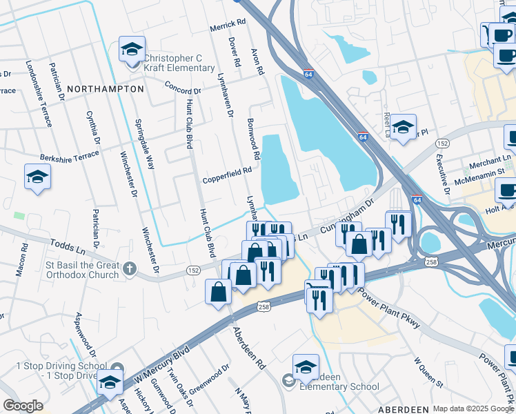 map of restaurants, bars, coffee shops, grocery stores, and more near 70 Lakeshore Drive in Hampton