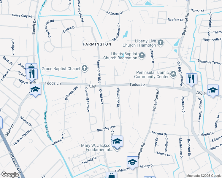 map of restaurants, bars, coffee shops, grocery stores, and more near 18 Stephanies Road in Hampton