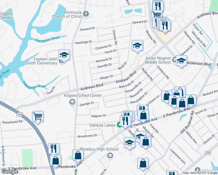 map of restaurants, bars, coffee shops, grocery stores, and more near 1823 Bancroft Drive in Hampton