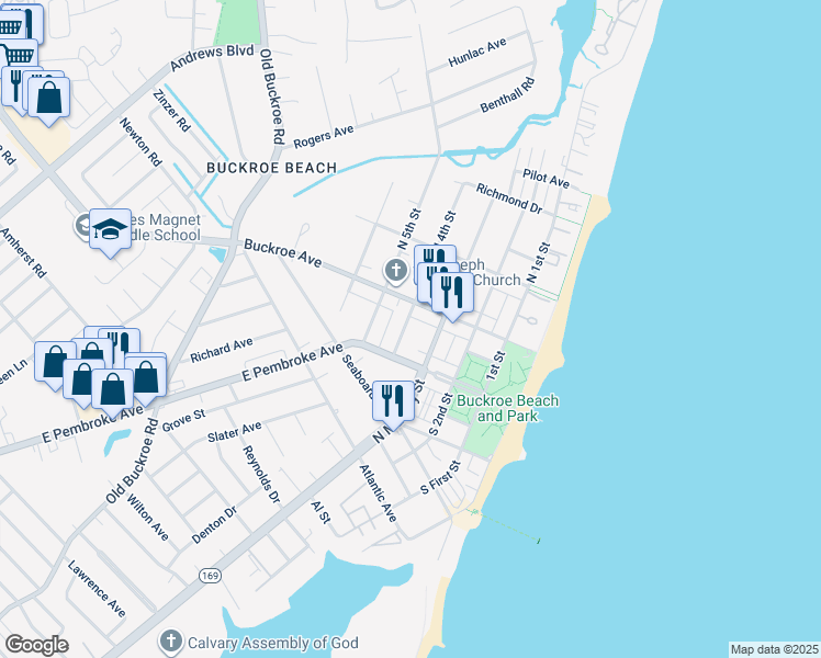map of restaurants, bars, coffee shops, grocery stores, and more near 125 South 4th Street in Hampton