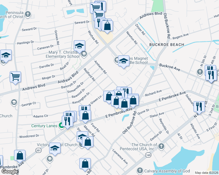 map of restaurants, bars, coffee shops, grocery stores, and more near 2009 Whitman Place in Hampton