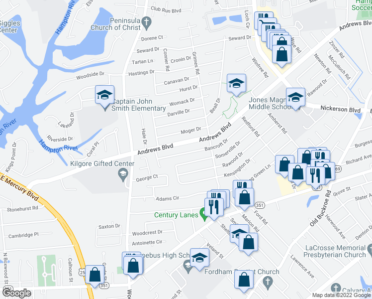 map of restaurants, bars, coffee shops, grocery stores, and more near 1823 Bancroft Drive in Hampton