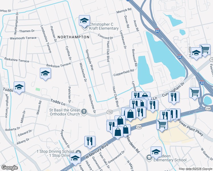map of restaurants, bars, coffee shops, grocery stores, and more near 108 Horsley Drive in Hampton