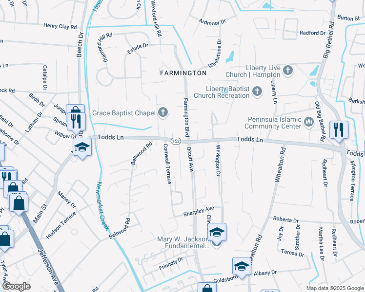map of restaurants, bars, coffee shops, grocery stores, and more near in Hampton