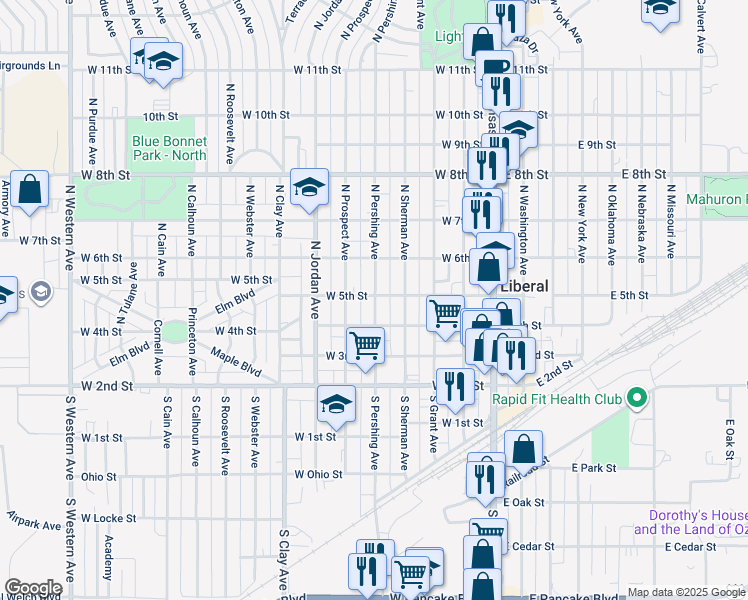 map of restaurants, bars, coffee shops, grocery stores, and more near 430 North Pershing Avenue in Liberal