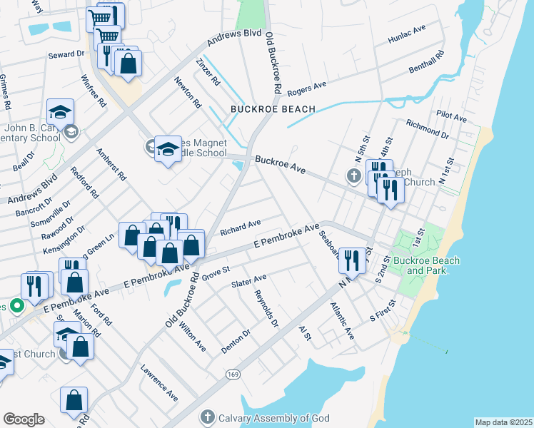 map of restaurants, bars, coffee shops, grocery stores, and more near 2045 Richard Avenue in Hampton