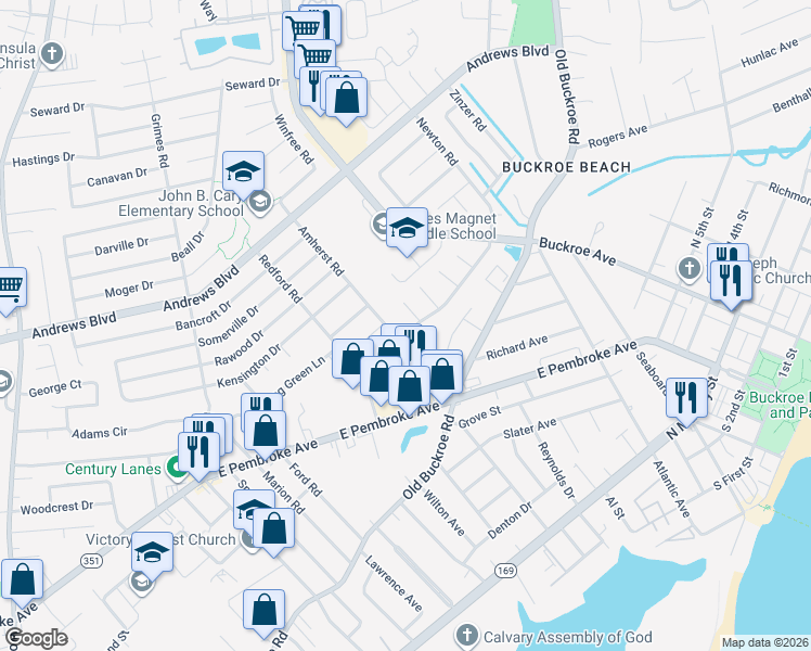 map of restaurants, bars, coffee shops, grocery stores, and more near 1761 Newton Road in Hampton