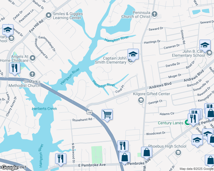 map of restaurants, bars, coffee shops, grocery stores, and more near 315 Riversedge Drive in Hampton