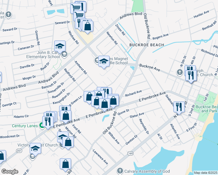 map of restaurants, bars, coffee shops, grocery stores, and more near 1766 Newton Road in Hampton