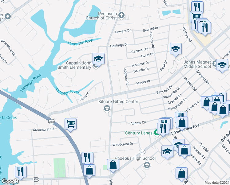 map of restaurants, bars, coffee shops, grocery stores, and more near 344 Woodland Road in Hampton