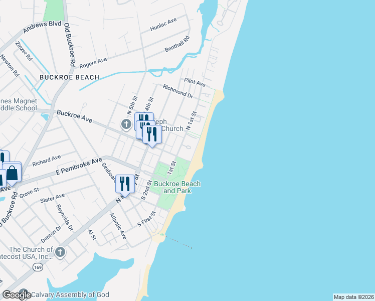 map of restaurants, bars, coffee shops, grocery stores, and more near 15 Cantamar Ct in Hampton