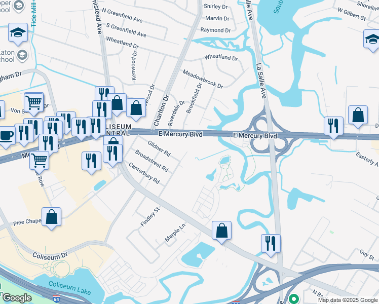 map of restaurants, bars, coffee shops, grocery stores, and more near 34 Westminister Drive in Hampton