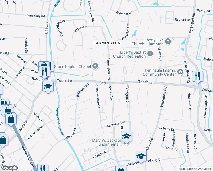 map of restaurants, bars, coffee shops, grocery stores, and more near in Hampton