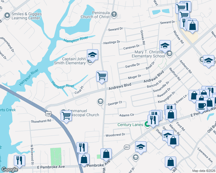 map of restaurants, bars, coffee shops, grocery stores, and more near 344 Woodland Road in Hampton