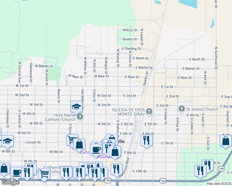 map of restaurants, bars, coffee shops, grocery stores, and more near 100-198 West 2nd Street in Coffeyville