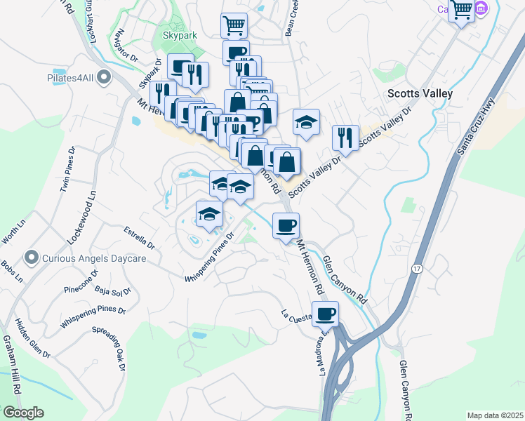 map of restaurants, bars, coffee shops, grocery stores, and more near 98 Silver Birch Lane in Scotts Valley
