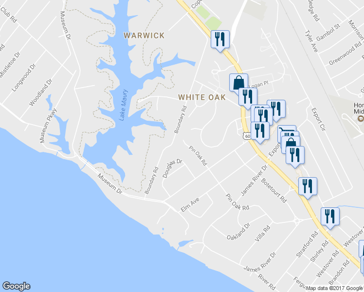 map of restaurants, bars, coffee shops, grocery stores, and more near 419 Pin Oak Road in Newport News