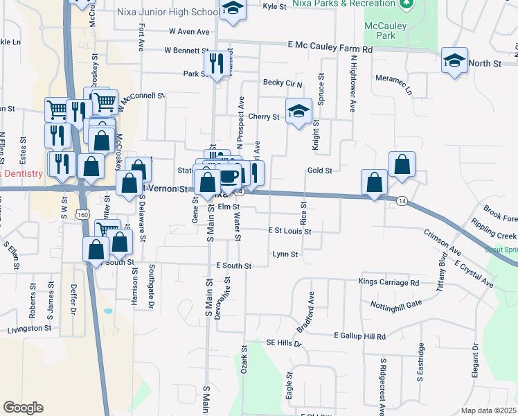 map of restaurants, bars, coffee shops, grocery stores, and more near 212 Elm Street in Nixa