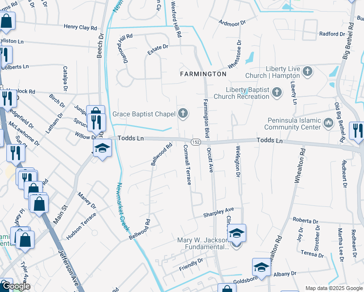 map of restaurants, bars, coffee shops, grocery stores, and more near 790 Todds Lane in Hampton
