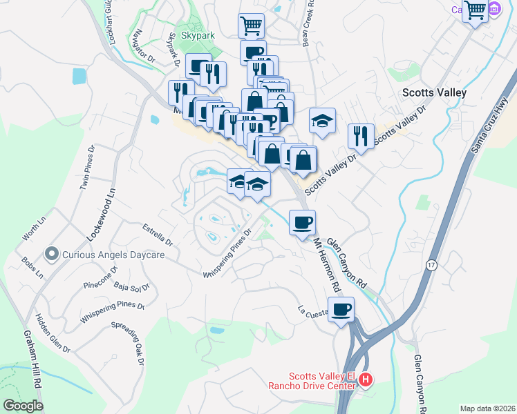 map of restaurants, bars, coffee shops, grocery stores, and more near 108 Whispering Pines Drive in Scotts Valley