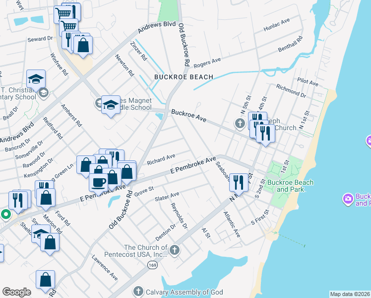 map of restaurants, bars, coffee shops, grocery stores, and more near 2045 Richard Avenue in Hampton