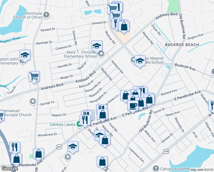 map of restaurants, bars, coffee shops, grocery stores, and more near 1937 Kensington Drive in Hampton