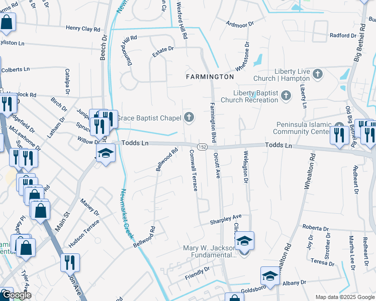 map of restaurants, bars, coffee shops, grocery stores, and more near 790 Todds Lane in Hampton