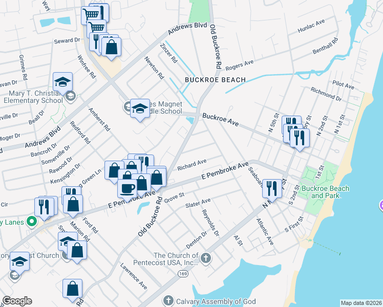 map of restaurants, bars, coffee shops, grocery stores, and more near 725 Burgess Avenue in Hampton
