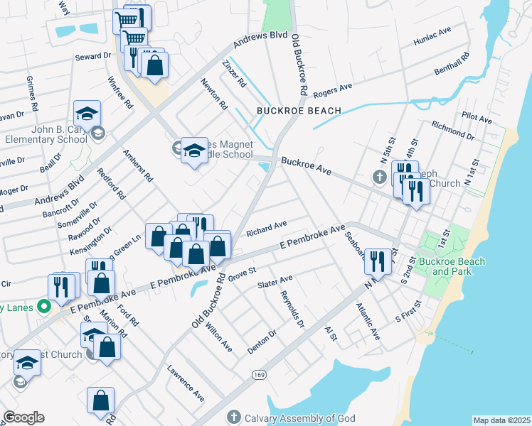 map of restaurants, bars, coffee shops, grocery stores, and more near 725 Burgess Avenue in Hampton