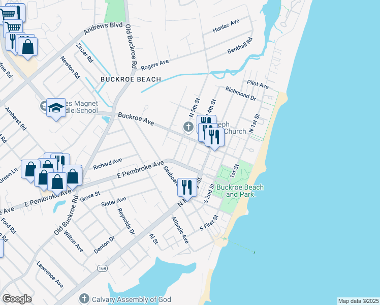 map of restaurants, bars, coffee shops, grocery stores, and more near 122 South 4th Street in Hampton
