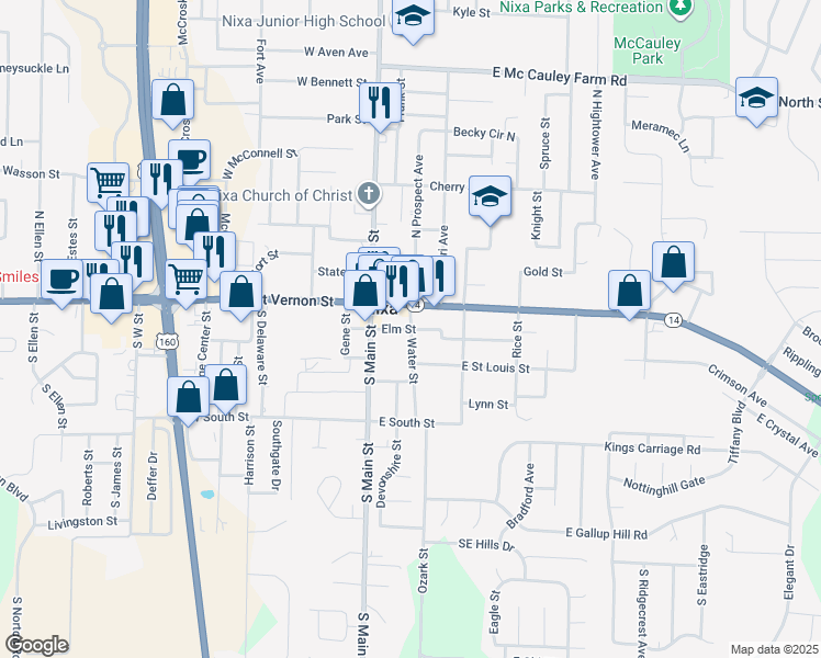 map of restaurants, bars, coffee shops, grocery stores, and more near 200 Elm Street in Nixa