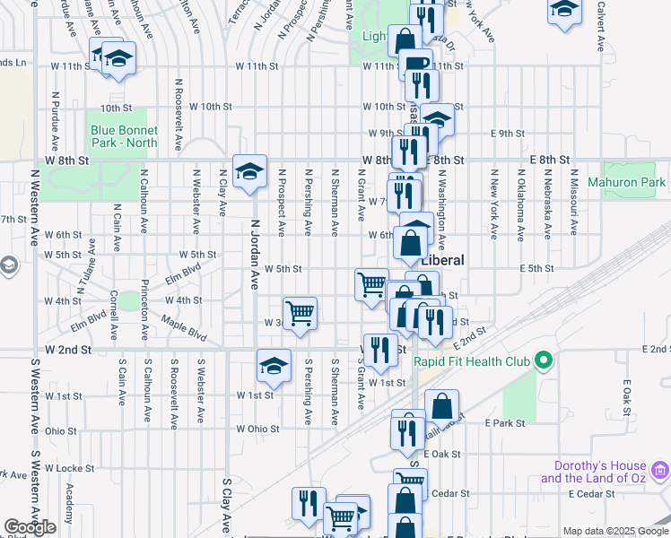 map of restaurants, bars, coffee shops, grocery stores, and more near 499 N Sherman Ave in Liberal