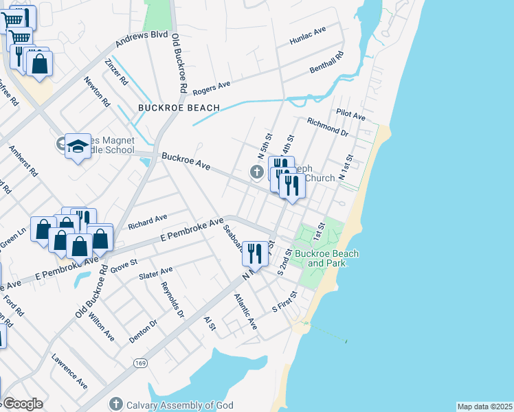 map of restaurants, bars, coffee shops, grocery stores, and more near 122 South 4th Street in Hampton