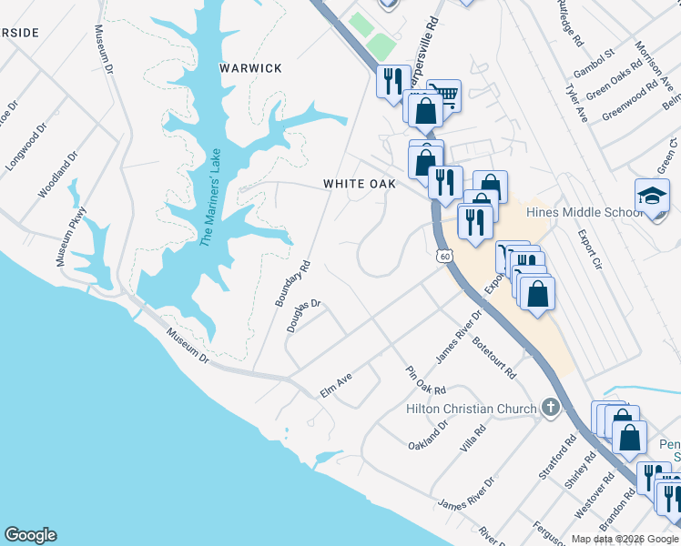 map of restaurants, bars, coffee shops, grocery stores, and more near 410 Pin Oak Road in Newport News