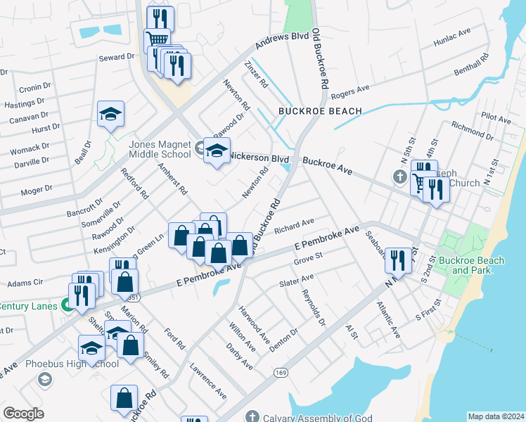 map of restaurants, bars, coffee shops, grocery stores, and more near 4 Daniel Lane in Hampton