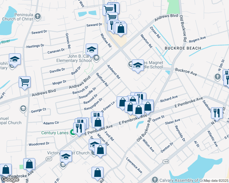 map of restaurants, bars, coffee shops, grocery stores, and more near 710 Redford Road in Hampton