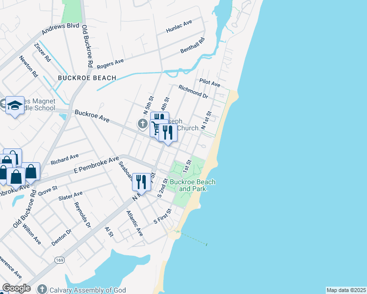 map of restaurants, bars, coffee shops, grocery stores, and more near 112 Buckroe Avenue in Hampton