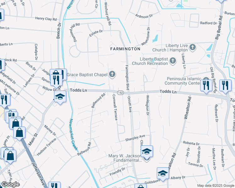 map of restaurants, bars, coffee shops, grocery stores, and more near 7 Cornwall Terrace in Hampton
