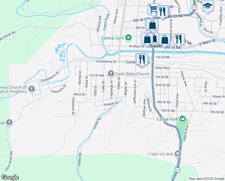 map of restaurants, bars, coffee shops, grocery stores, and more near 217 Lagrange Street in Pulaski