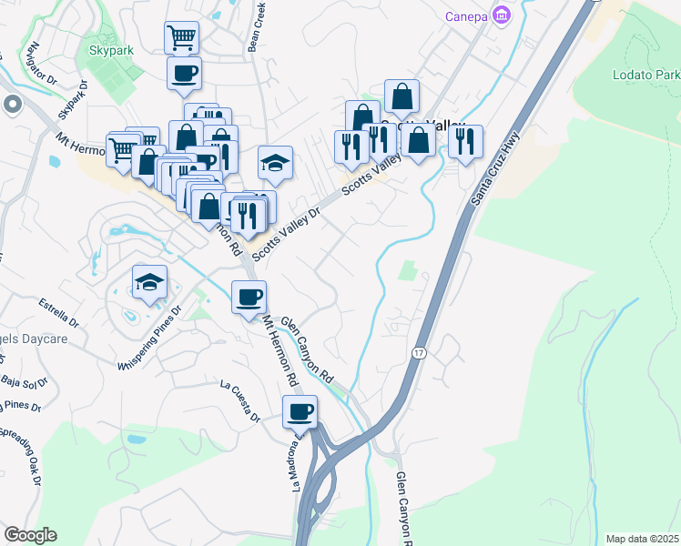map of restaurants, bars, coffee shops, grocery stores, and more near 9 Suzanne Lane in Scotts Valley