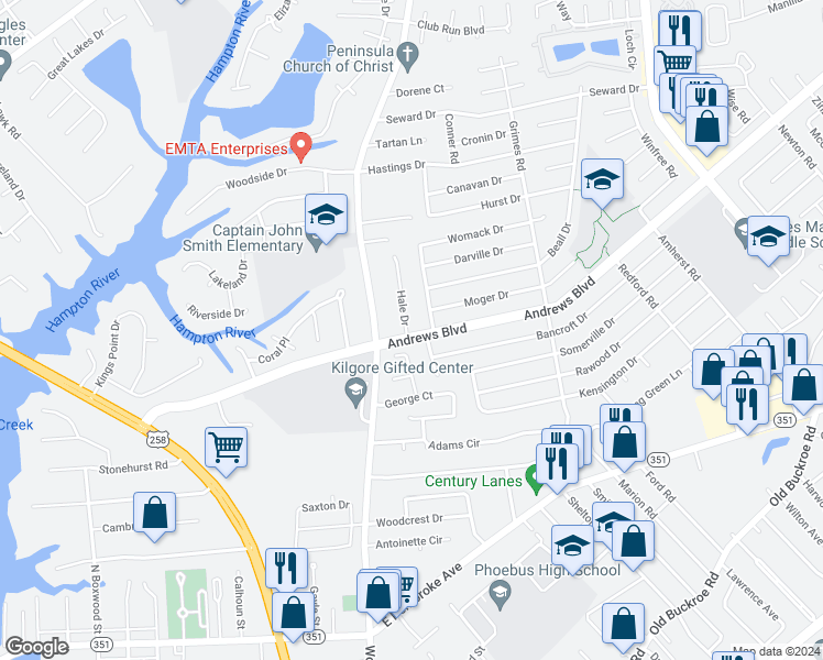 map of restaurants, bars, coffee shops, grocery stores, and more near 1200 Hale Drive in Hampton
